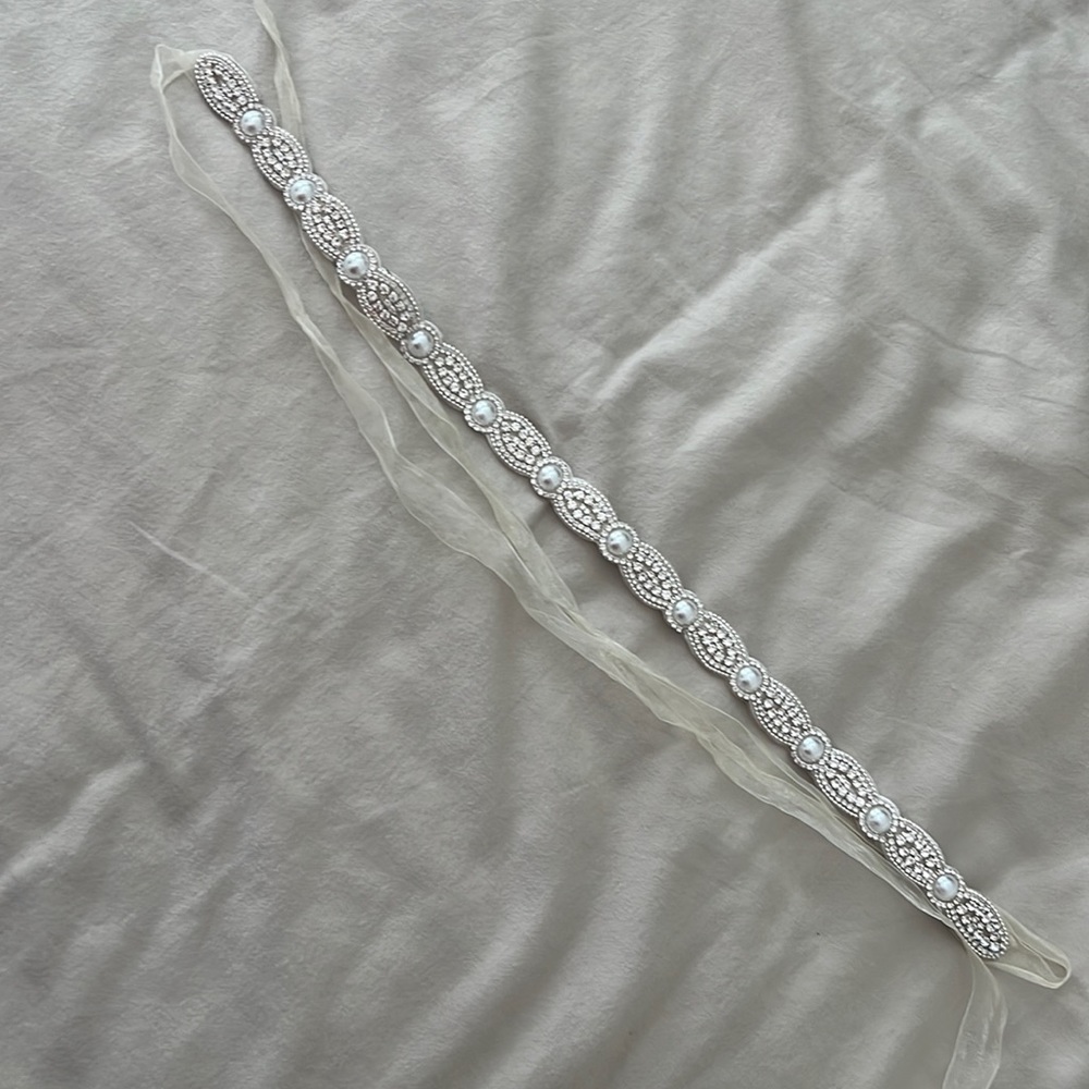 David’s bridal scalloped crystal and pearl sash worn once